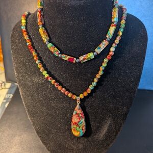 Colorful Beaded Necklace And Bracelet Set. Real Stone.